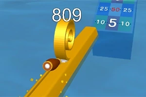 Żółta platforma z wirującymi pierścieniami i liczbami, w tle niebieskie bloki z cyframi