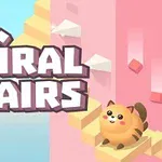 Napis Spiral Stairs na tle spiralnych schodów z uśmiechniętym, kreskówkowym zwierzakiem po prawej stronie