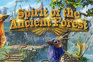 Napis Spirit of the Ancient Forest na tle fantastycznego lasu z drewnianym mostem i mechanicznymi ptakami