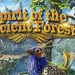 Napis Spirit of the Ancient Forest na tle fantastycznego lasu z drewnianym mostem i mechanicznymi ptakami