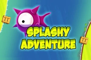 Fioletowe stworzenie z dużym okiem na niebiesko-zielonym tle z napisem Splashy Adventure oraz drewnianymi skrzyniami po bokach