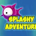 Fioletowe stworzenie z dużym okiem na niebiesko-zielonym tle z napisem Splashy Adventure oraz drewnianymi skrzyniami po bokach
