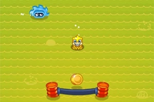 Żółta postać z uśmiechem znajduje się na zielonym tle fal, naprzeciwko niebieskiego stwora i złotej monety z dwoma czerwonymi słupkami