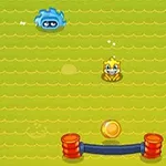 Żółta postać z uśmiechem znajduje się na zielonym tle fal, naprzeciwko niebieskiego stwora i złotej monety z dwoma czerwonymi słupkami