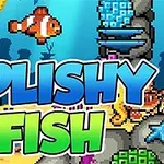 Napis Splishy Fish na tle podwodnego świata z kolorową rybką i rafą koralową