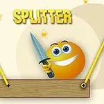 Uśmiechnięta żółta buźka trzymająca nóż, otoczona żółtymi liniami i gwiazdkami na jasnym tle