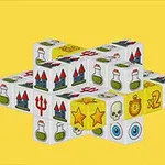 Układ sześcianów z symbolami jak zamek, fiolka, trójząb, gwiazda, czaszka i oczy na żółtym tle