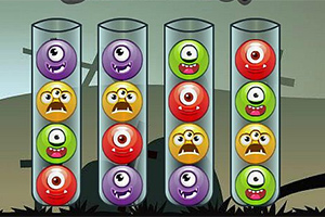 Kolorowe, jednookie potwory w cylindrycznych pojemnikach na tle krajobrazu