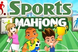 Trójka uśmiechniętych postaci w sportowych strojach na boisku, dwie machają, a jedna trzyma puchar, z napisem Sports Mahjong w tle