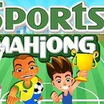 Trójka uśmiechniętych postaci w sportowych strojach na boisku, dwie machają, a jedna trzyma puchar, z napisem Sports Mahjong w tle
