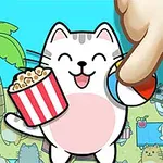 Rysunkowy biały kot z różowym brzuszkiem trzymający popcorn i piłkę plażową na tle plaży z innymi kotami i palmami