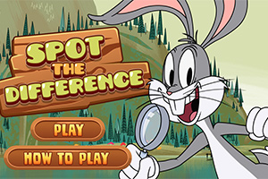 Kreskówkowy królik z lupą na tle leśnym z napisem Spot the Difference oraz przyciskami Play i How to Play