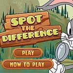 Kreskówkowy królik z lupą na tle leśnym z napisem Spot the Difference oraz przyciskami Play i How to Play