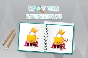 Otwarty notes z dwoma rysunkami zamka z koroną i peleryną oraz napisem Spot the Difference na szarym tle