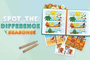 Kolaż obrazków przedstawiający różne pory roku z kolorowym napisem Spot the Difference – Seasons i dwoma ołówkami