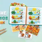 Kolaż obrazków przedstawiający różne pory roku z kolorowym napisem Spot the Difference – Seasons i dwoma ołówkami