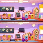 Kolorowa sala klasy z zabawkami, tablicą, stolikami i żółtymi zasłonami na tle różowej ściany, przedstawiona w dwóch identycznych ilustracjach