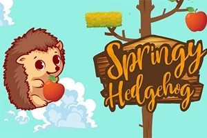 Uroczy jeżyk trzyma jabłko na tle błękitnego nieba z chmurkami obok drewnianego znaku z napisem Springy Hedgehog