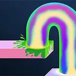 Tęczowy, zakrzywiony kształt przechodzi przez otwór z zieloną cieczą, otoczony gwiazdkami na ciemnym tle
