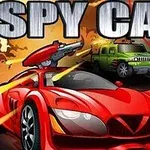 Czerwony samochód sportowy z zamontowaną bronią, ścigający się z zielonym pojazdem terenowym na tle wybuchu