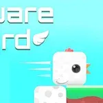 Napis Square Bird z grafiką kwadratowego ptaka na tle jasnoniebieskiego nieba