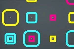 Kolorowe kwadraty i prostokąty w odcieniach żółci, błękitu i różu na szarym tle