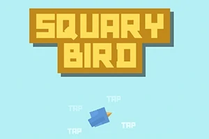 Napis „SQUARY BIRD” na tle jasnoniebieskiego nieba z niebieskim, kwadratowym ptakiem poniżej