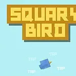 Napis „SQUARY BIRD” na tle jasnoniebieskiego nieba z niebieskim, kwadratowym ptakiem poniżej