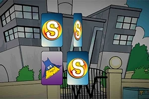 Karty z symbolami S przed budynkiem w stylu kreskówkowym