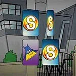 Karty z symbolami S przed budynkiem w stylu kreskówkowym