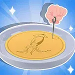 Rysunkowa ręka używająca igły do wycinania wzoru ryby na okrągłym ciasteczku, na niebieskim tle z błyszczącymi gwiazdkami