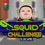 Postać z krótkimi włosami i karabinami nerf po obu stronach, z napisem Squid Challenge Escape na tle miejskiej scenerii z sygnalizacją świetlną