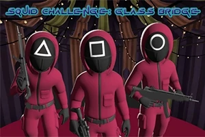 Trzy postacie w czerwonych kombinezonach z symbolami trójkąta, kwadratu i koła na maskach, trzymające broń, stoją na scenie z zasłonami w tle