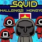 Postacie w czerwonych strojach z kształtami na maskach oraz centralna postać w ciemnej masce, na tle niebieskiego wzoru z kropkami i napisem CHALLENGE HONEYCOMB