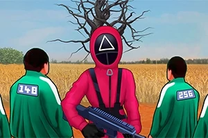 Postać w różowym kostiumie z maską z trójkątem, trzymająca broń, stoi przed trzema osobami w zielonych strojach z numerami na plecach na tle pola