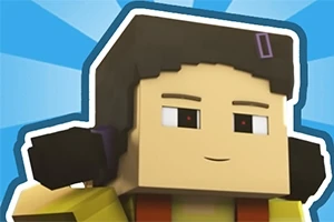 Postać w stylu pixel art z ciemnymi włosami, słuchawkami i uśmiechem na tle niebieskich promieni