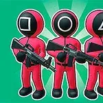 Trzy postacie w czerwonych kombinezonach i kaskach z symbolami - kwadratem, kołem i trójkątem, trzymające broń, na zielonym tle