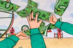 Osoby w zielonych ubraniach łapią zielone banknoty, z tłem przedstawiającym plac zabaw i dwóch postaci w czerwonych kombinezonach