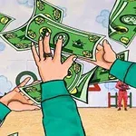 Osoby w zielonych ubraniach łapią zielone banknoty, z tłem przedstawiającym plac zabaw i dwóch postaci w czerwonych kombinezonach