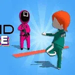 Postacie z kreskówki w kolorowych strojach na niebieskim tle z napisem „Squid Race”