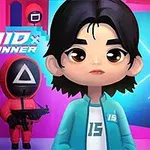 Postać z czarnymi włosami w turkusowej kurtce i postać w czerwonym stroju z maską z trójkątem na tle kolorowego, geometrycznego wnętrza