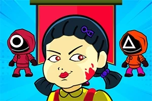 Postać lalki z czerwonymi oczami i plamą krwi na policzku na tle dwóch postaci w czerwonych kombinezonach i maskach z symbolami kółka i trójkąta