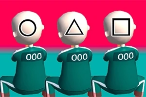 Trzech animowanych postaci w zielonych strojach z numerem 000 na plecach mających na twarzach symbole: koło, trójkąt i kwadrat