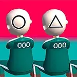 Trzech animowanych postaci w zielonych strojach z numerem 000 na plecach mających na twarzach symbole: koło, trójkąt i kwadrat