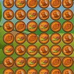 Pomarańczowe okrągłe ikony z obrazkami ślimaka, plastra miodu i pszczół na tle zielonego krajobrazu