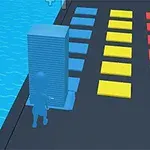 Różowa postać układającą niebieskie klocki z kolorowym napisem Stack Colors!