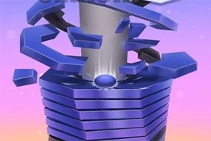 Fioletowa konstrukcja złożona z wirujących, oddzielonych elementów i świecąca kula na tle gradientowego, różowo-fioletowego nieba