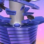 Fioletowa konstrukcja złożona z wirujących, oddzielonych elementów i świecąca kula na tle gradientowego, różowo-fioletowego nieba