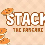 Stos naleśników ze śmiesznymi minami na beżowym tle z dużym napisem STACK THE PANCAKE
