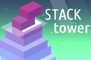 Stos geometrycznych bloków w odcieniach fioletu i niebieskiego na zielonym tle z napisem STACK tower